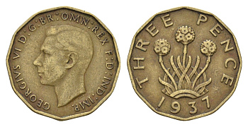 Великобритания 3 пенса 1937 Георг VI (1936-1952) KM 849, Spink 4112 никель латунь 92-945