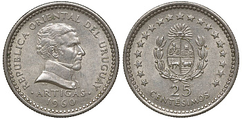 Уругвай 25 сентесимо 1960 KM 40 медно-никель 4169-938