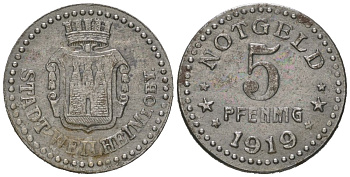 Вайльхайм в Обербайерне (Бавария) 5 пфеннигов 1919 Funck 585.5, Men18 33038.2 железо aUNC 1524-545