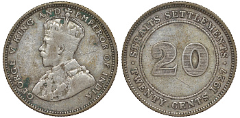Стрейтс-Сетлментс 20 центов 1927 Георг V (1910-1936) КМ 30b серебро 53-823