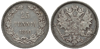 РОССИЯ ДЛЯ ФИНЛЯНДИИ 25 ПЕННИ 1890 L, АЛЕКСАНДР III KM 6.2, Биткин 239 серебро 443-814