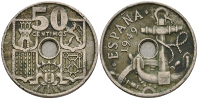 Испания 50 сентимо 1949 (?) Франсиско Франко (1939-1975) KM 777 медно-никель 4604-525