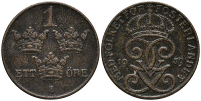 Швеция 1 эре 1939 Густав V (1907-1950) KM 777.2 бронза 201-1137