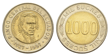 Эквадор 1000 сукре 1997 70 лет Центробанку KM 103 биметалл UNC 4641-746