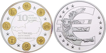 НИДЕРЛАНДЫ МЕДАЛЬ 2012 СЕРИЯ 10 ЛЕТ ЕВРО, АВСТРИЯ, СЕРЕБРЕНИЕ, ПОЗОЛОТА, ДИАМЕТР 40 ММ., ПОХИЩЕНИЕ ЕВРОПЫ PROOF 1082-6-51