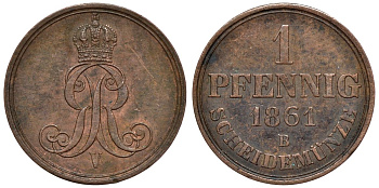 Ганновер 1 пфенниг 1861 B, Георг V KM 233, AKS 156, J. 90 медь 4594-444