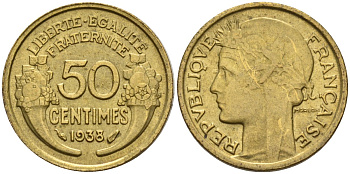 Франция 50 сантимов 1938 KM 894.1, Le Franc 192.15 алюминиевая бронза 4596-814