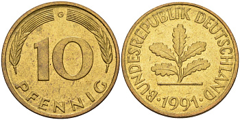 ФРГ 10 пфеннигов 1991 G KM 108, J. 383 сталь плакированная латунью 4175-1157