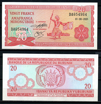 Бурунди 20 франков 2001 1 августа 2001 Pick 27d бумага UNC (пресс) 6317-21-1-2