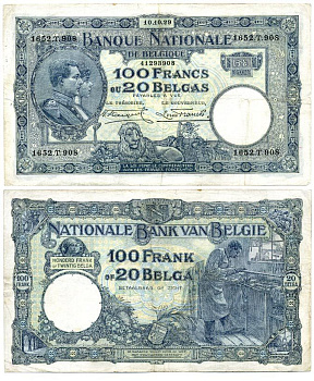 БЕЛЬГИЯ 100 ФРАНКОВ = 20 БЕЛГА 1929 10 ОКТЯБРЯ 1929 Pick 102 бумага 7486-70-1