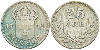 Швеция 25 эре 1910 W, Густав V (1907-1950), LARGE CROSS KM 785 серебро 3309-849