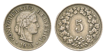 Швейцария 5 раппенов 1930 B KM 26 медно-никель 4643-329
