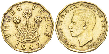 Великобритания 3 пенса 1942 Георг VI (1936-1952) KM 849, Spink 4112 никель латунь 212-811