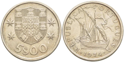 ПОРТУГАЛИЯ 5 ЭСКУДО 1974 ПАРУСНИК KM 591 медно-никель UNC 4513-1045