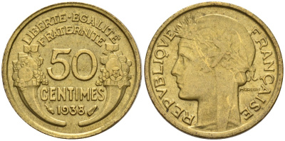 Франция 50 сантимов 1938 KM 894.1, Le Franc 192.15 алюминиевая бронза 4596-814