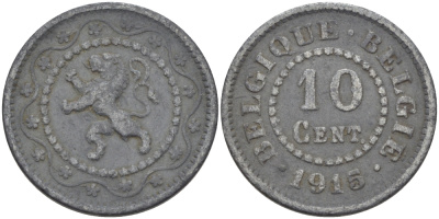 БЕЛЬГИЯ 10 САНТИМОВ 1915 ГЕРМАНСКАЯ ОККУПАЦИЯ KM 81 цинк 31-1232