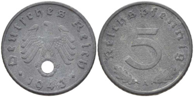 ГЕРМАНИЯ 5 РЕЙХСПФЕННИГОВ 1943 A KM 100, J. 370 цинк 211-541