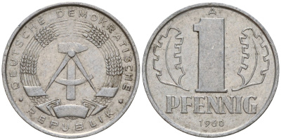 ГДР 1 пфенниг 1960 A KM 8.1 алюминий 39-468