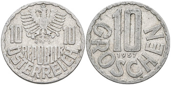 Австрия 10 грошей 1957 KM 2878 алюминий 4567-1021