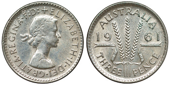 Австралия 3 пенса 1961 m, Елизавета II (1952-2022) KM 57 серебро 71-731