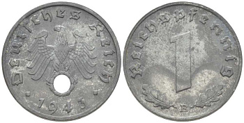 ГЕРМАНИЯ 1 РЕЙХСПФЕННИГ 1943 B KM 97, J. 369 цинк 206-1151