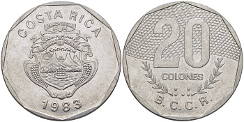 КОСТА-РИКА 20 КОЛОНОВ 1983 В.С.С.R. KM 216.1 нержавеющая сталь 82-1015