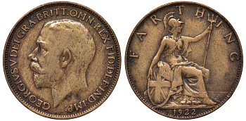 Великобритания 1 фартинг 1922 Георг V (1910-1936) KM 808.2, Spink 4060 бронза 4122-454