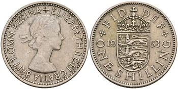 Великобритания 1 шиллинг 1953 Елизавета II (1952-2022), Английский герб KM 890, Spink 4139 медно-никель 4153-857