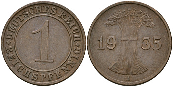 Германия 1 рейхспфенниг 1935 A KM 37, J. 313 бронза 4528-425