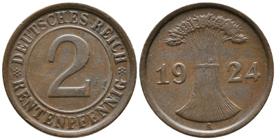 ГЕРМАНИЯ 2 РЕНТЕНПФЕННИГА 1924 A KM 31, J. 307 бронза 24-613