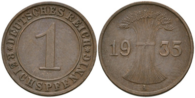 Германия 1 рейхспфенниг 1935 A KM 37, J. 313 бронза 4528-425