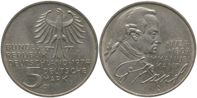 ФРГ 5 марок 1974 D, 250 лет со дня рождения Иммануила Канта KM 139 серебро UNC 4557-725