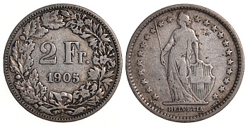 ШВЕЙЦАРИЯ 2 ФРАНКА 1905 KM 21 серебро 59-421