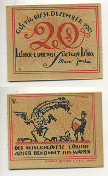 ЛЮБЕК 20 ПФЕННИГОВ 1921 НОТГЕЛЬД, 1 АПРЕЛЯ 1921, Grabowski 831.1а бумага UNC (ПРЕСС) 7222-29-2