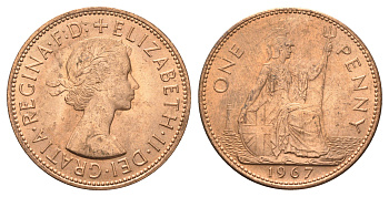 Великобритания 1 пенни 1967 Елизавета II (1952-2022) KM 897, Spink 4157 бронза UNC 4661-1013