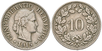 Швейцария 10 раппенов 1915 B KM 27 медно-никель 4169-662
