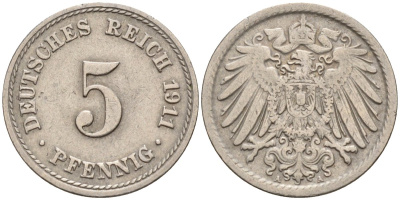 Германия 5 пфеннигов 1911 A KM 11, J. 12, Weege 6 медно-никель 4151-525