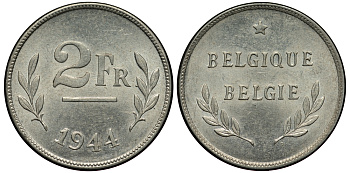 Бельгия 2 франка 1944  KM 133 сталь плакированная цинком  aUNC  214-139