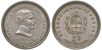 Уругвай 25 сентесимо 1960 KM 40 медно-никель 4169-961