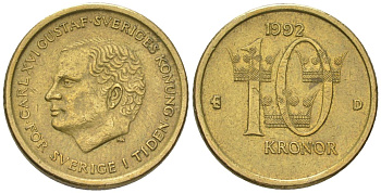 Швеция 10 крон 1992 D, Карл XVI Густав (1973-) KM 877 нордик 4561-444