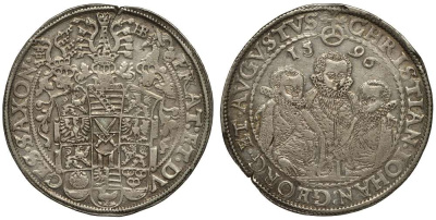 Саксония 1 талер 1596 HB, Август, Кристиан, Иоанн, три поясных портрета Keilitz/Kahnt 186, Schnee 754, Davenport 9820. серебро 00-000-00