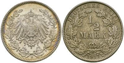 Германия 1/2 марки 1917 Е KM 17, J. 16 серебро UNC 65-252