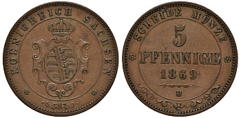 Саксония 5 пфеннигов 1869 В, Иоганн (1854-1873), Альбертинская линия, Дрезден KM 1218, Jaeger 123, AKS 151, BST 1234 медь 106-853