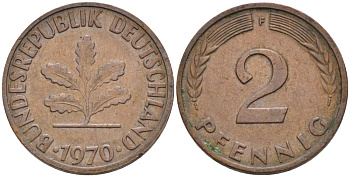 ФРГ 2 ПФЕННИГА 1970 F KM 106а, J.381а сталь плакированная медью 4567-913