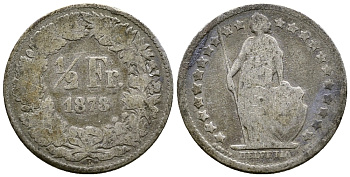 ШВЕЙЦАРИЯ 1/2 ФРАНКА 1878 В KM 23 серебро 46-913