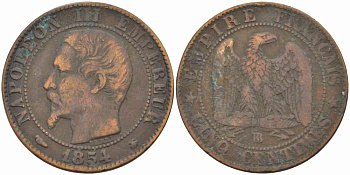Франция 5 сантимов 1854 BB, Наполеон III (1852-1870) KM 777.3, LE FRANC 116.10 бронза 108-251