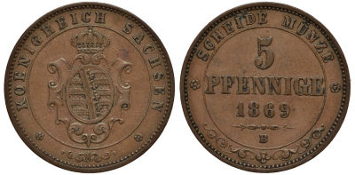 Саксония 5 пфеннигов 1869 В, Иоганн (1854-1873), Альбертинская линия, Дрезден KM 1218, Jaeger 123, AKS 151, BST 1234 медь 106-853