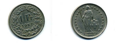 ШВЕЙЦАРИЯ 1 ФРАНК 1968 KM 24а.1 медно-никель 37-1134