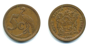 ЮАР 5 ЦЕНТОВ 1994 ГЕРБ, РАЙСКИЙ ЖУРАВЛЬ KM 134 сталь плакированная медью 23-645