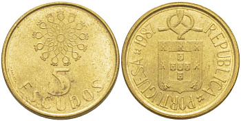 ПОРТУГАЛИЯ 5 ЭСКУДО 1987 KM 632 никель латунь 4390-255